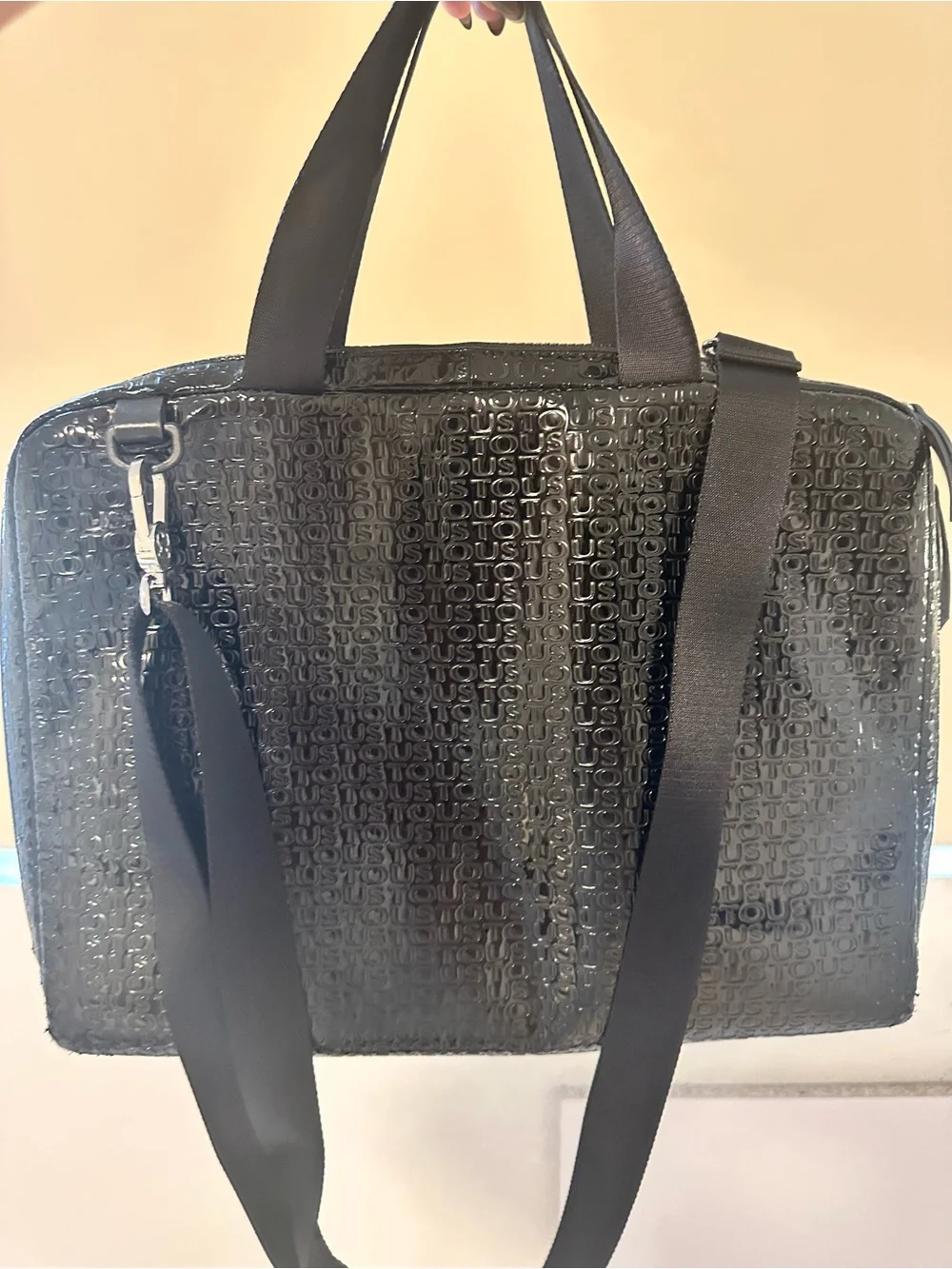 Tous Black Glossy Laptop Bag with Bear Charm Accent
